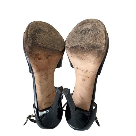 Jimmy Choo Lang Sandals Strappy Heels Black Patent Leather Stiletto Sz 39 / 9 - Picture 6 of 8